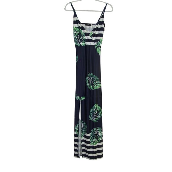 Tropical Palm Leaf Print Maxi Dress Navy White Striped Sexy Bodycon Cute XL - Picture 1 of 5